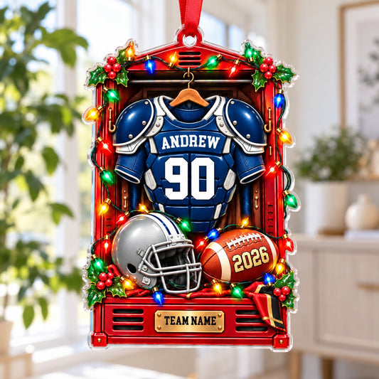 Red locker acrylic ornament with blue-and-white football jersey, silver helmet, football, lights and holly.