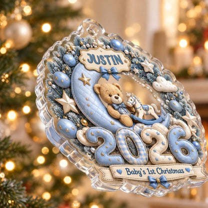 Blue wreath acrylic ornament with Baby's 1st Christmas, teddy bear, rocking horse, personalized name and 2026.