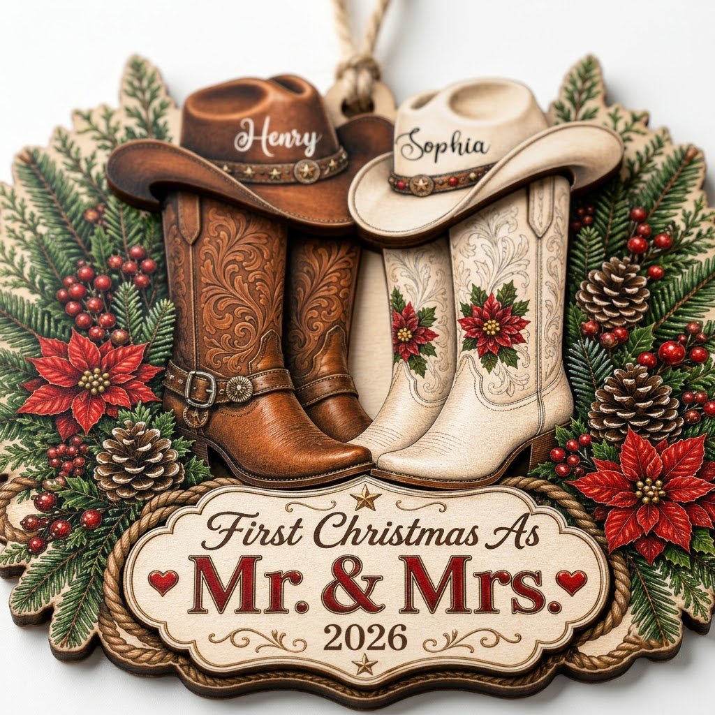 Personalized Western Cowboy Boots First Christmas as Mr & Mrs Wooden Ornament