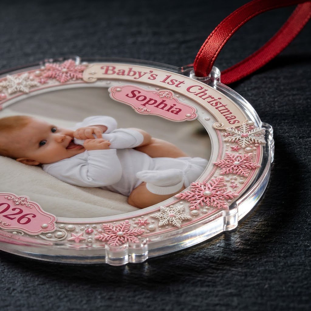Round acrylic ornament with pink and white snowflakes framing a baby photo and the words Baby's 1st Christmas.