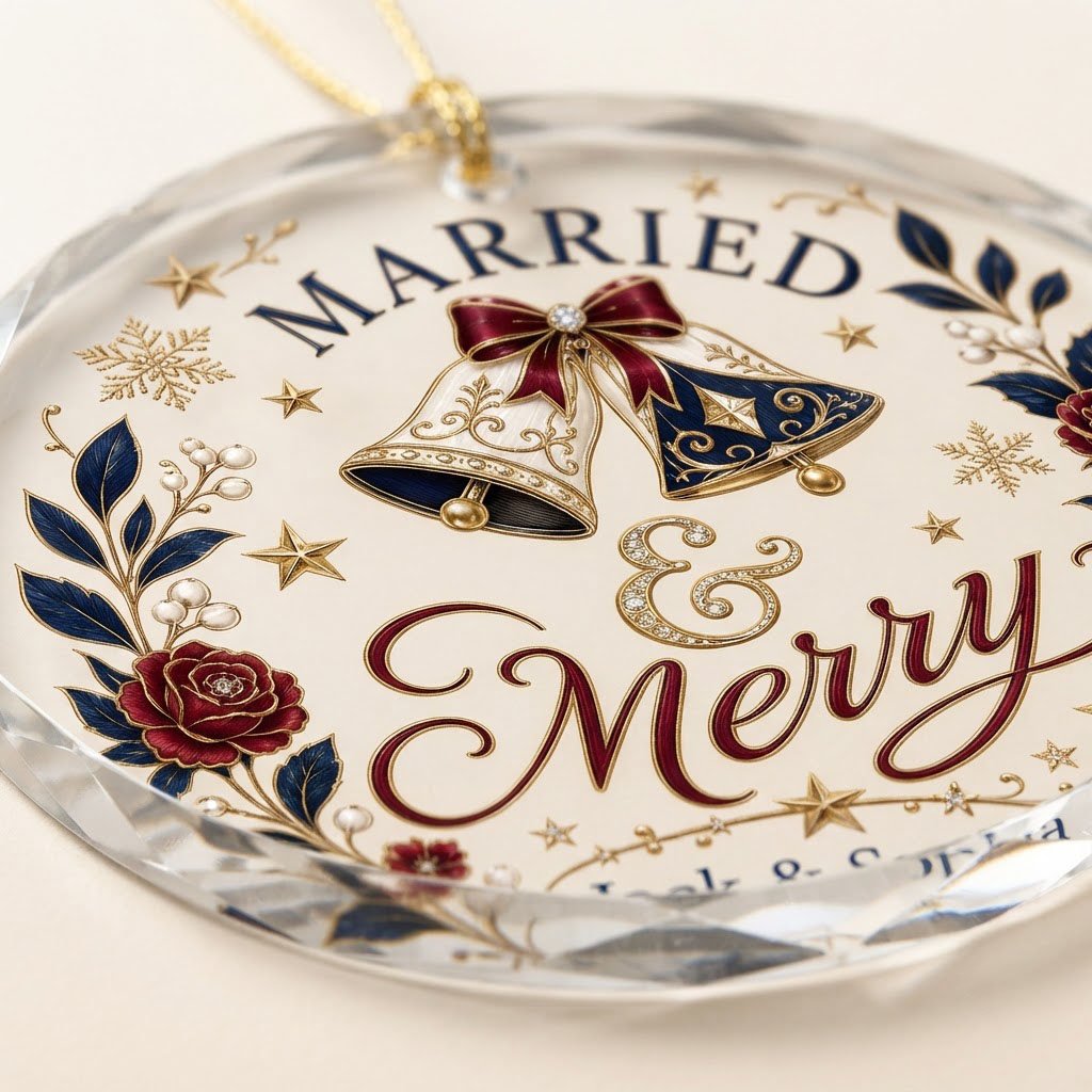 Round faceted glass ornament with two wedding bells, navy floral wreath, gold stars, and 'MARRIED' with names and year.