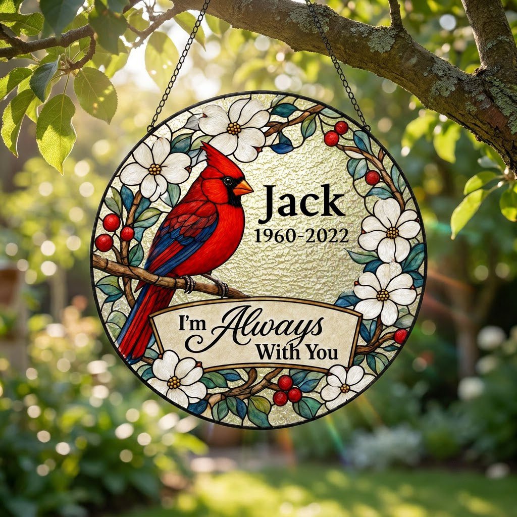 Round stained glass–style suncatcher with a red cardinal on a branch, white flowers, red berries, and a scroll banner.