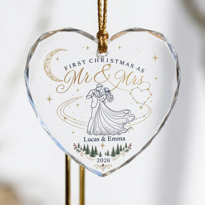 Personalized First Christmas as Mr & Mrs Dancing Couple Heart Glass Ornament