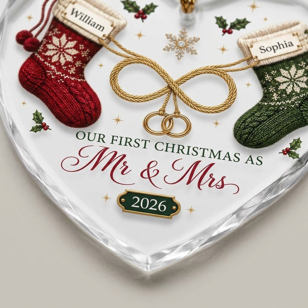 Heart glass ornament with red and green knit stockings, gold infinity loop with rings, Mr & Mrs text, names and date.