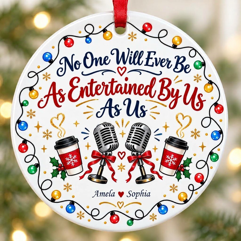 Round ceramic ornament with lights border, two microphones with red bows, and two coffee cups with heart steam.