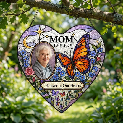 Heart suncatcher with photo oval, Forever In Our Hearts text, butterfly, moon, roses and forget-me-nots.