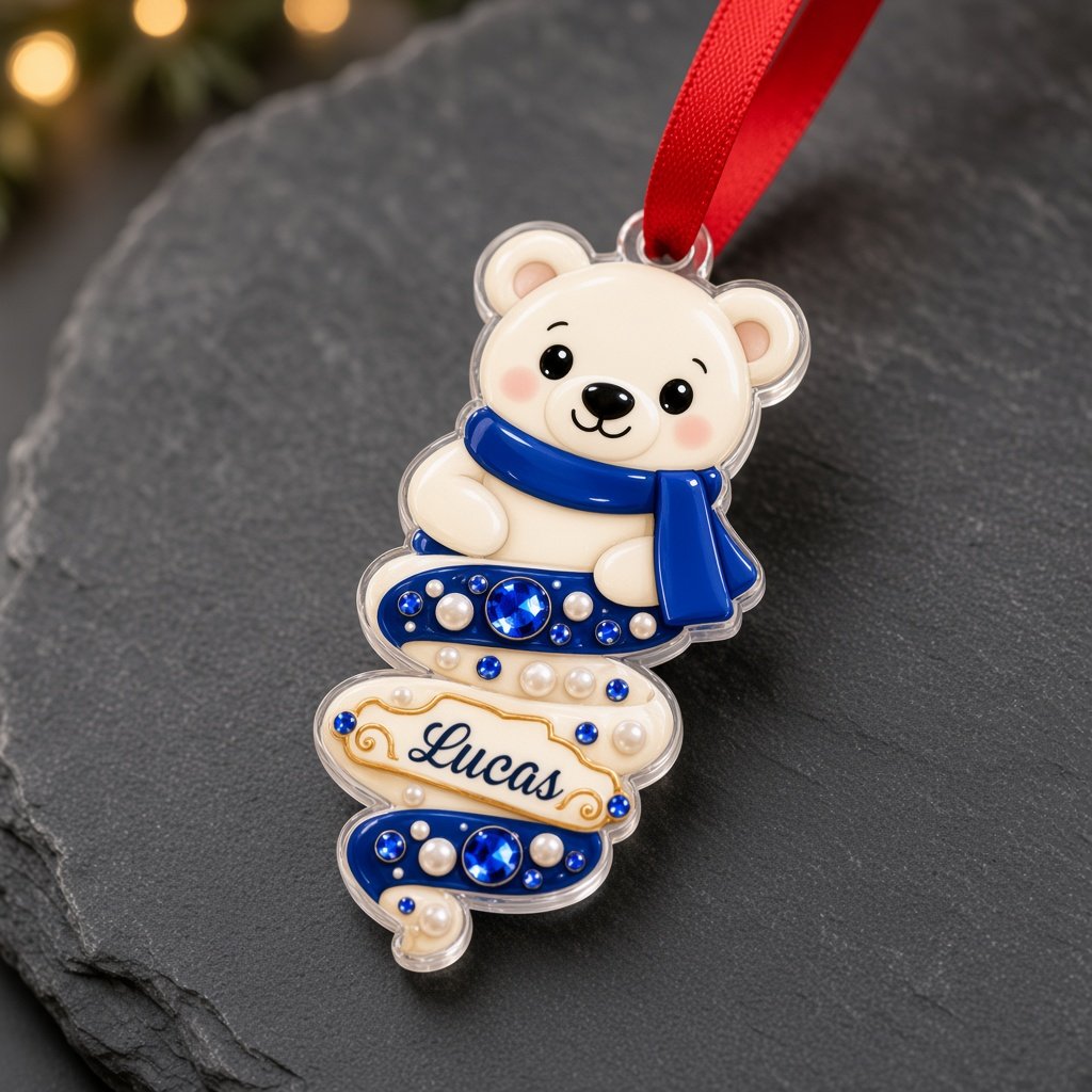 Custom-cut acrylic ornament with polar bear or Mrs. Claus atop a jeweled spiral ribbon and a name scroll banner.