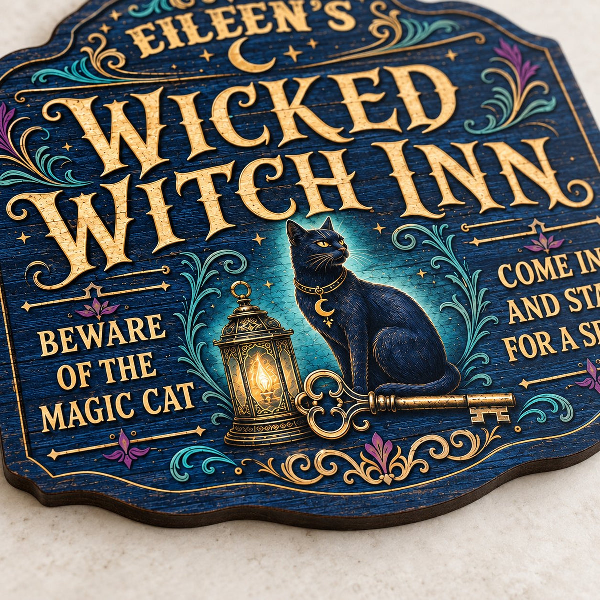 Custom-cut wooden sign with black cat, glowing lantern, golden key, crescent moons, stars, and Wicked Witch Inn text