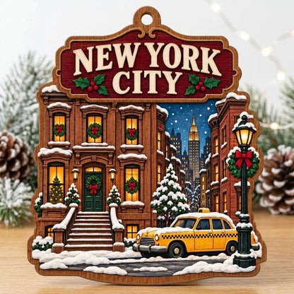 Custom-cut wood ornament with New York City brownstone, yellow taxi, street lamp, and snowy skyline with the Empire Stat