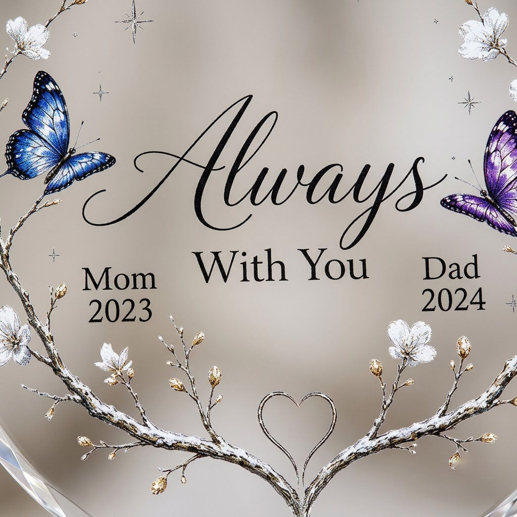 Round glass ornament with branch wreath, white blossoms, blue and purple butterflies, and Always With You text.