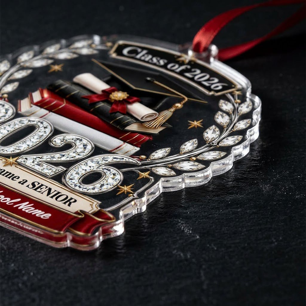 Acrylic ornament shows Class of 2026 text, cap, diploma, jeweled laurel wreath and banners personalized with name and sc
