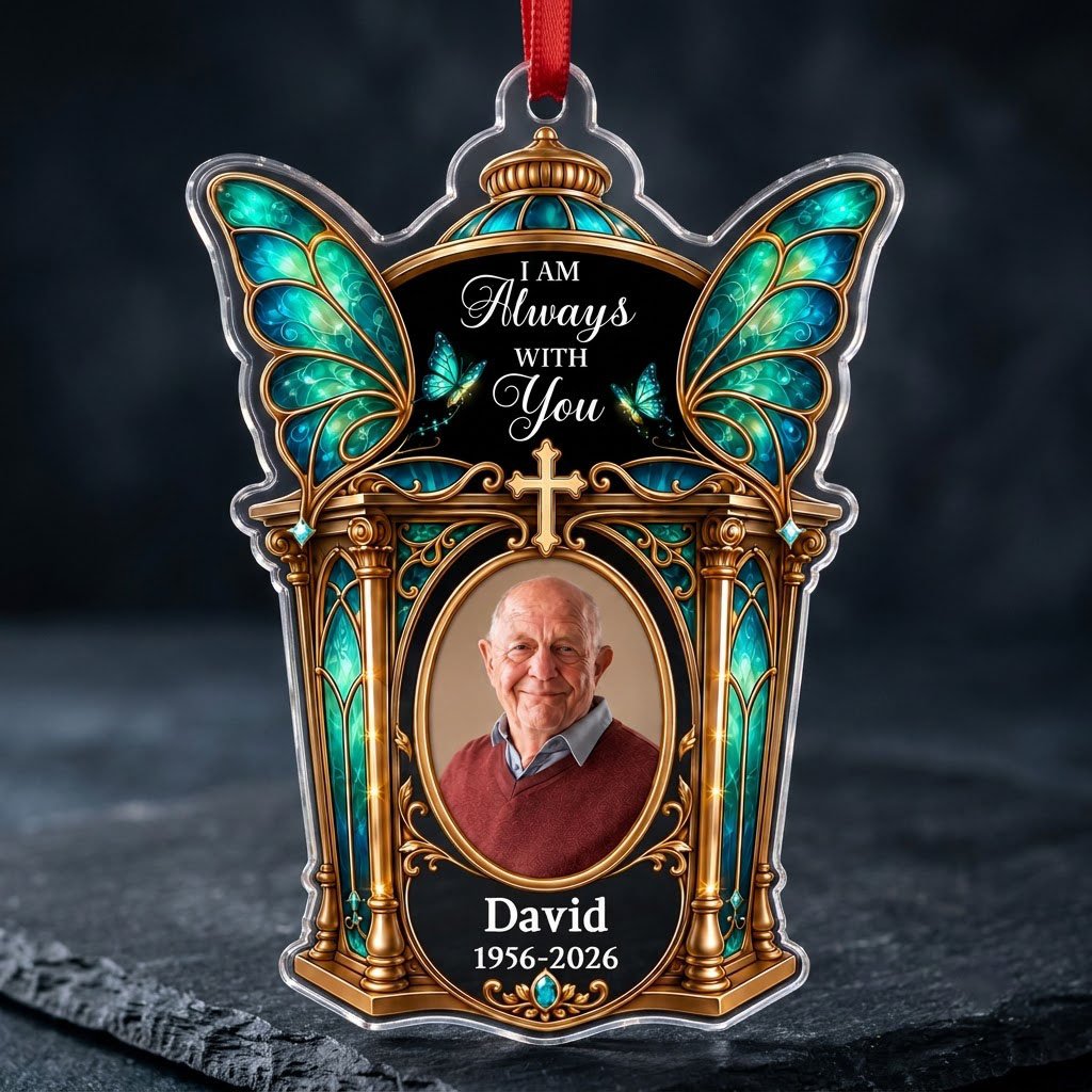Clear acrylic ornament with winged shrine, teal butterfly wings, cross, oval photo, and 'I AM Always WITH You'.