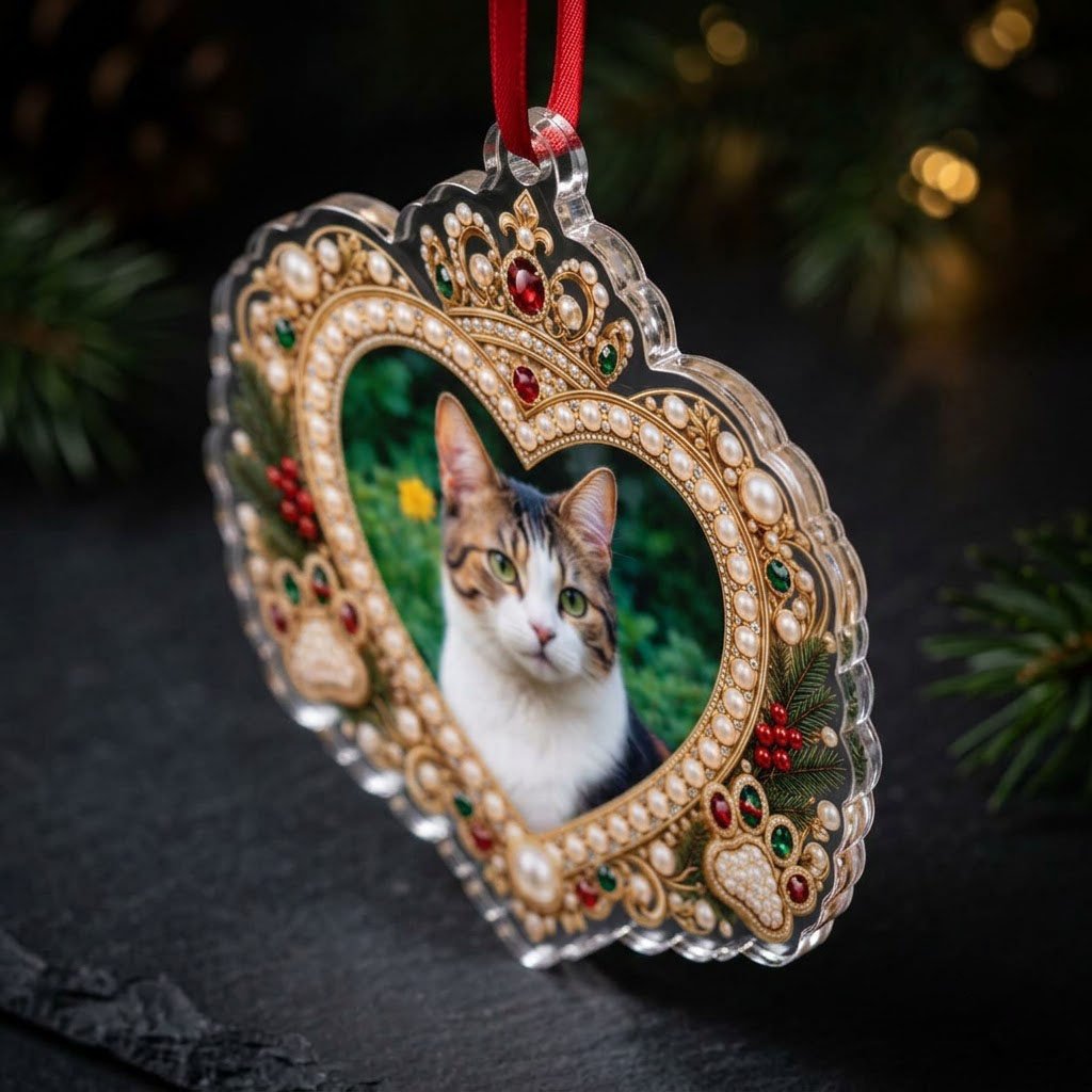 Acrylic ornament with a cat photo framed by gold filigree, jeweled crown, faux pearls, holly and paw prints on an ornate