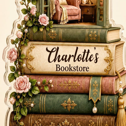 Personalized Stack of Books Reading Nook Acrylic Ornament, Custom Book Lover Keepsake
