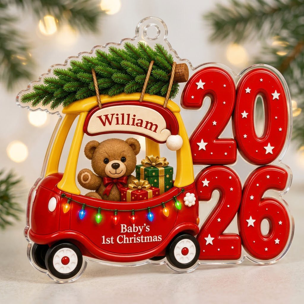 Red toy car with pine tree, teddy bear and gifts, "Baby's 1st Christmas" and 2026 star-pattern numbers on clear acrylic.