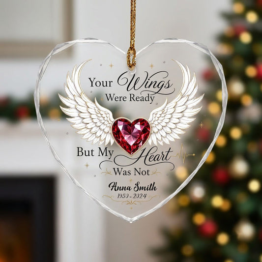 Personalized Angel Wings Memorial Your Wings Were Ready Ruby Heart Glass Ornament