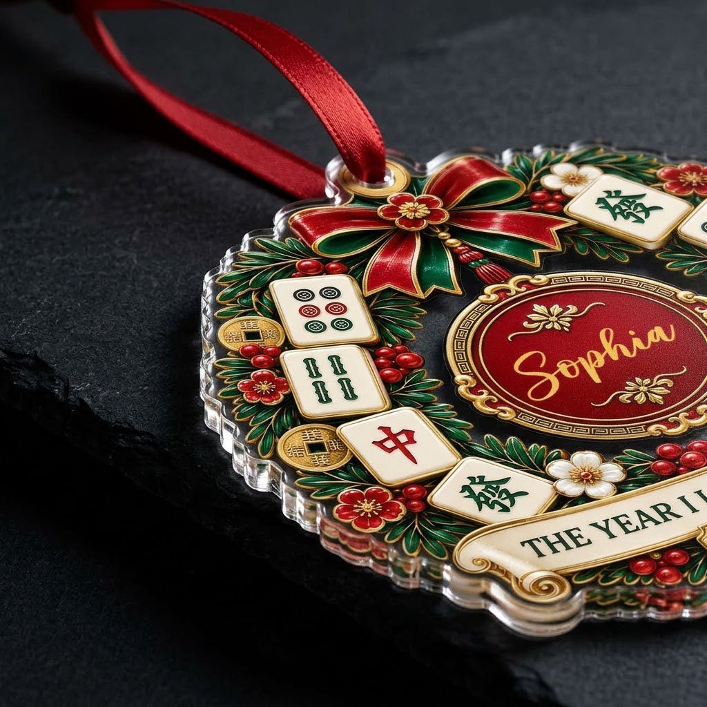 A clear acrylic wreath ornament with Mahjong tiles, red bow, gold coins, and the text THE YEAR I LEARNED MAHJONG.