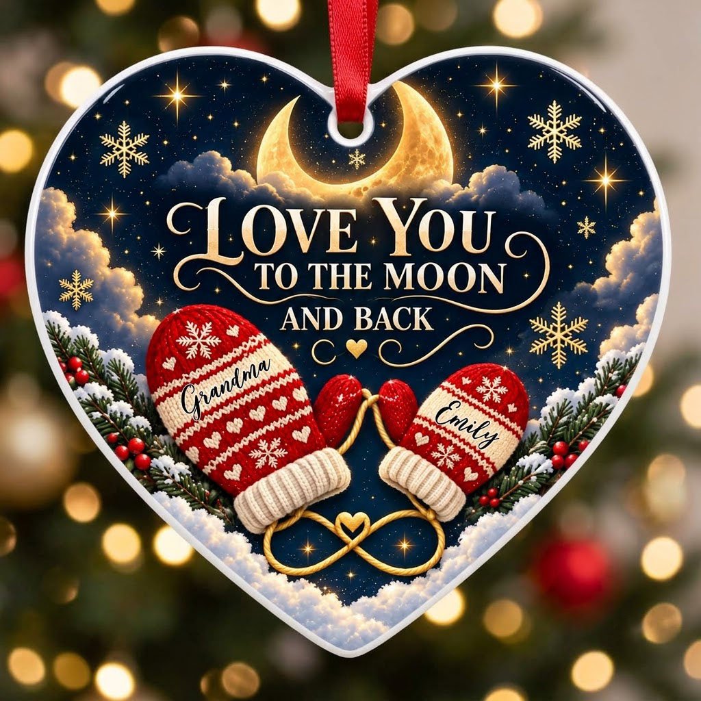 Heart ceramic ornament with golden crescent moon, red mittens, snowflakes and pine, personalized with two names.
