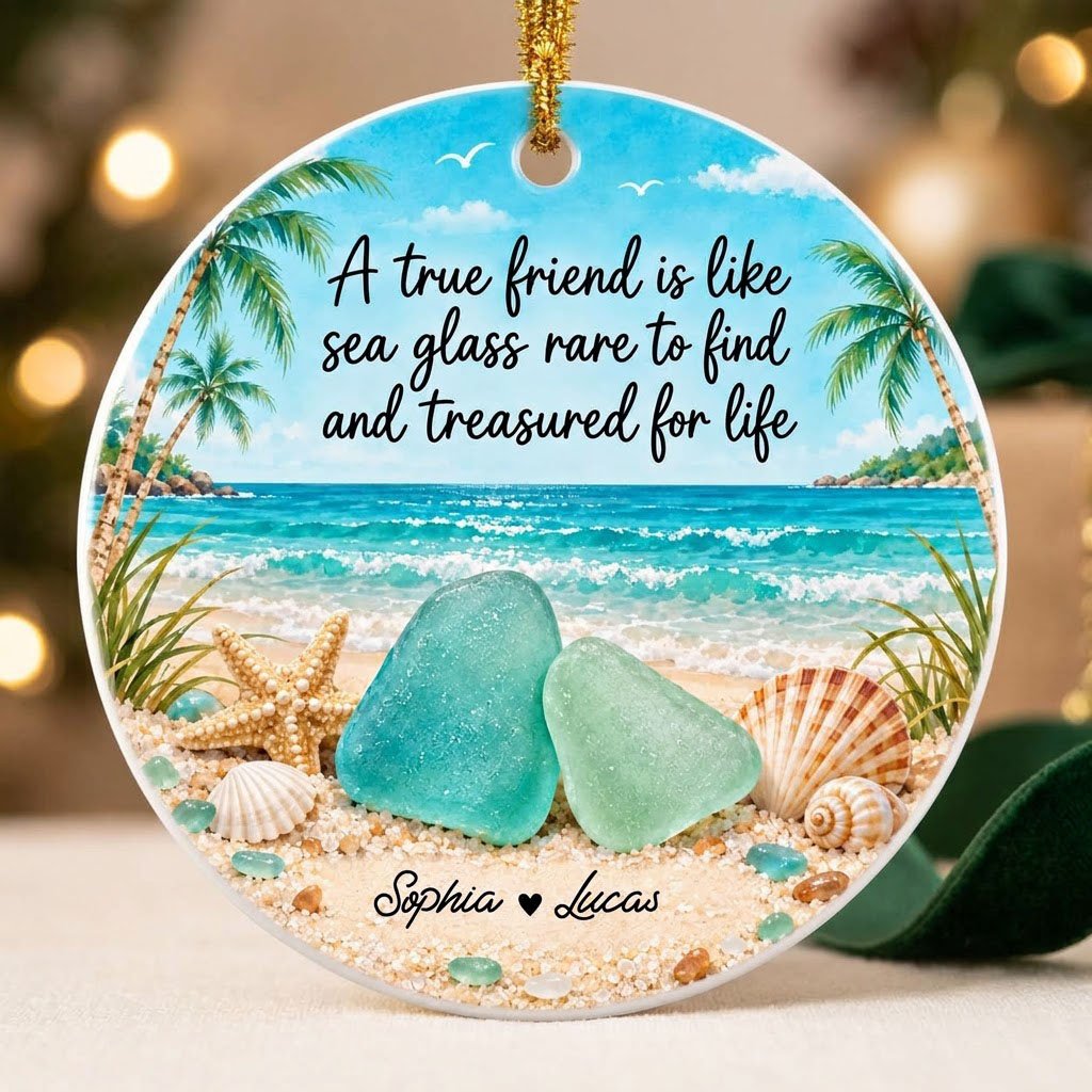 Round ceramic ornament with beach scene, palm trees, sea glass, shells, and a friendship quote with two names.