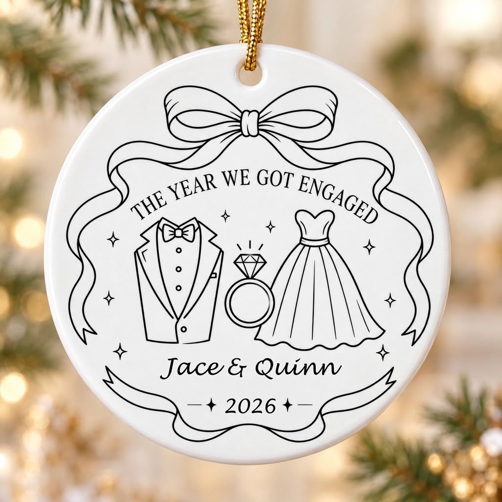 Round white ceramic ornament with black line art of bow, tuxedo, ring, dress, and THE YEAR WE GOT ENGAGED banner.