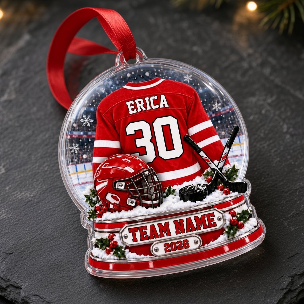 Acrylic snow globe ornament with red hockey jersey, helmet, crossed sticks, puck, holly and a silver name plaque.