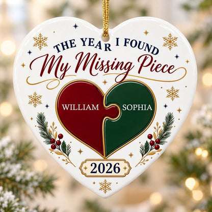 Heart ceramic ornament with red and green interlocking puzzle heart, gold snowflakes and stars, pine sprigs, and custom 