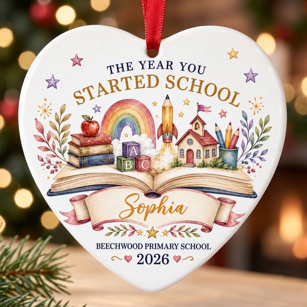 Heart ceramic ornament with an open book, rainbow, schoolhouse, ABC blocks and banner for name, school and year
