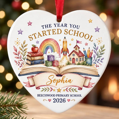 Heart ceramic ornament with an open book, rainbow, schoolhouse, ABC blocks and banner for name, school and year
