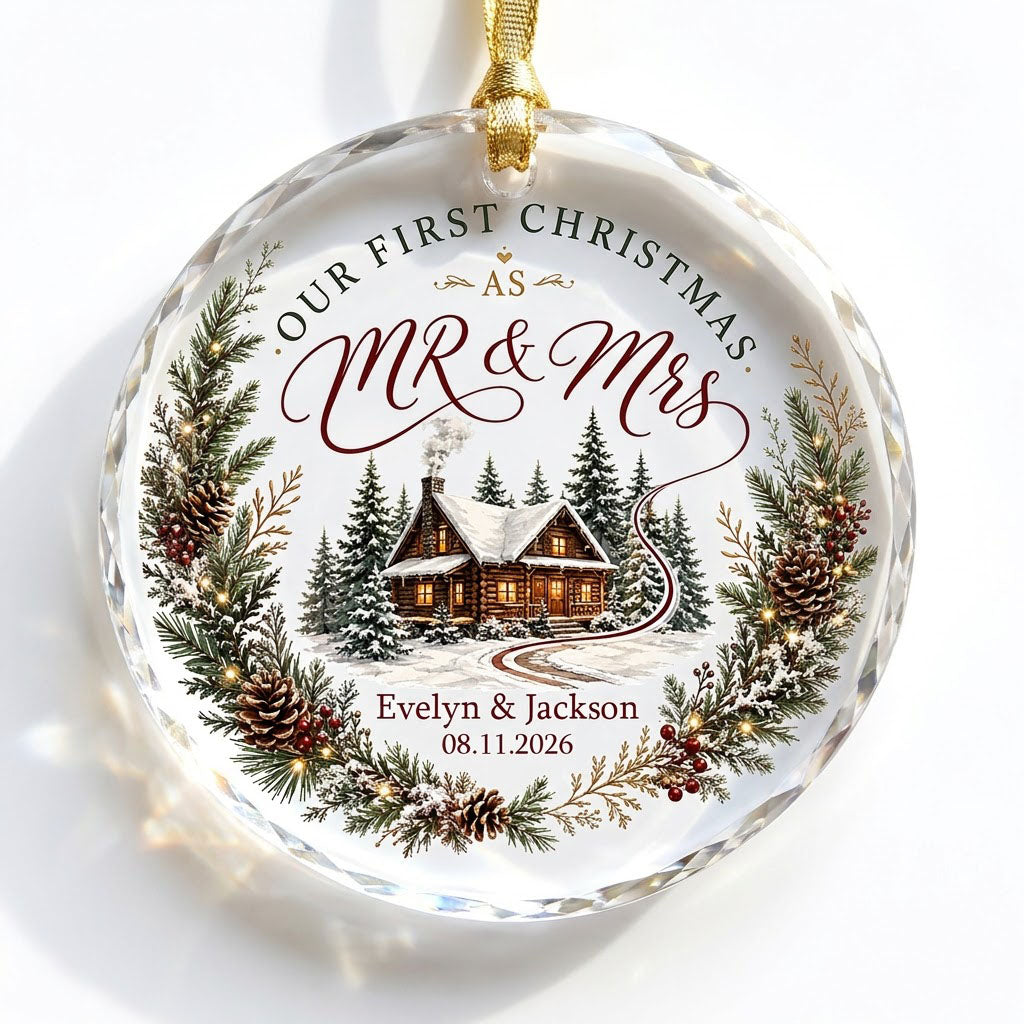 Personalized Our First Christmas as Mr & Mrs Winter Cabin Wreath Round Glass Ornament