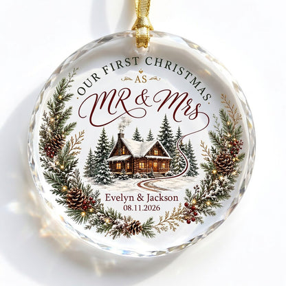 Personalized Our First Christmas as Mr & Mrs Winter Cabin Wreath Round Glass Ornament
