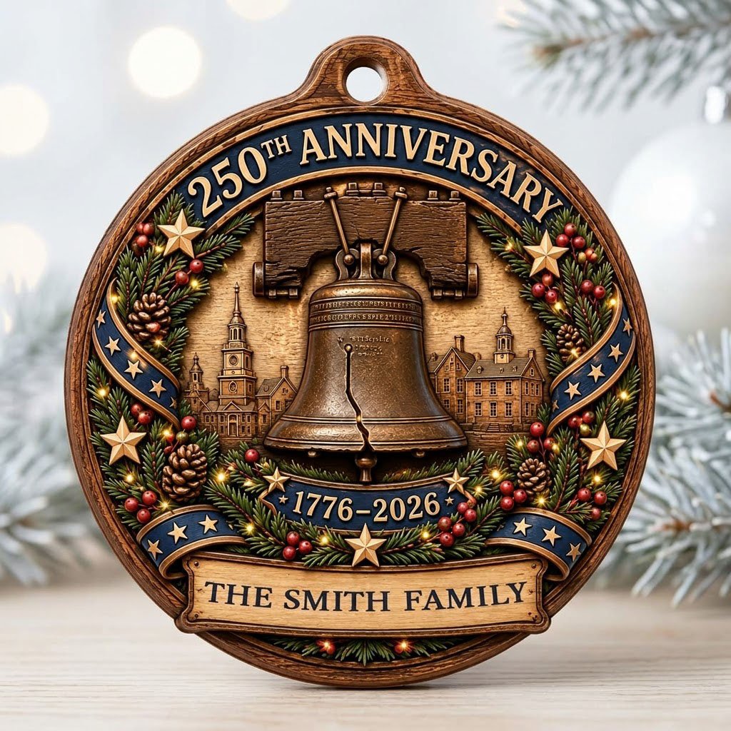 Round wood ornament with Liberty Bell, Independence Hall, pine wreath, gold stars, and a name banner.