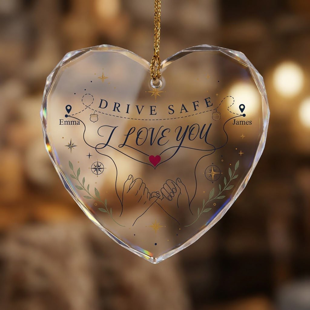 Heart glass ornament showing pinky promise hands, map pins, compass roses, green sprigs, and DRIVE SAFE and I LOVE YOU.