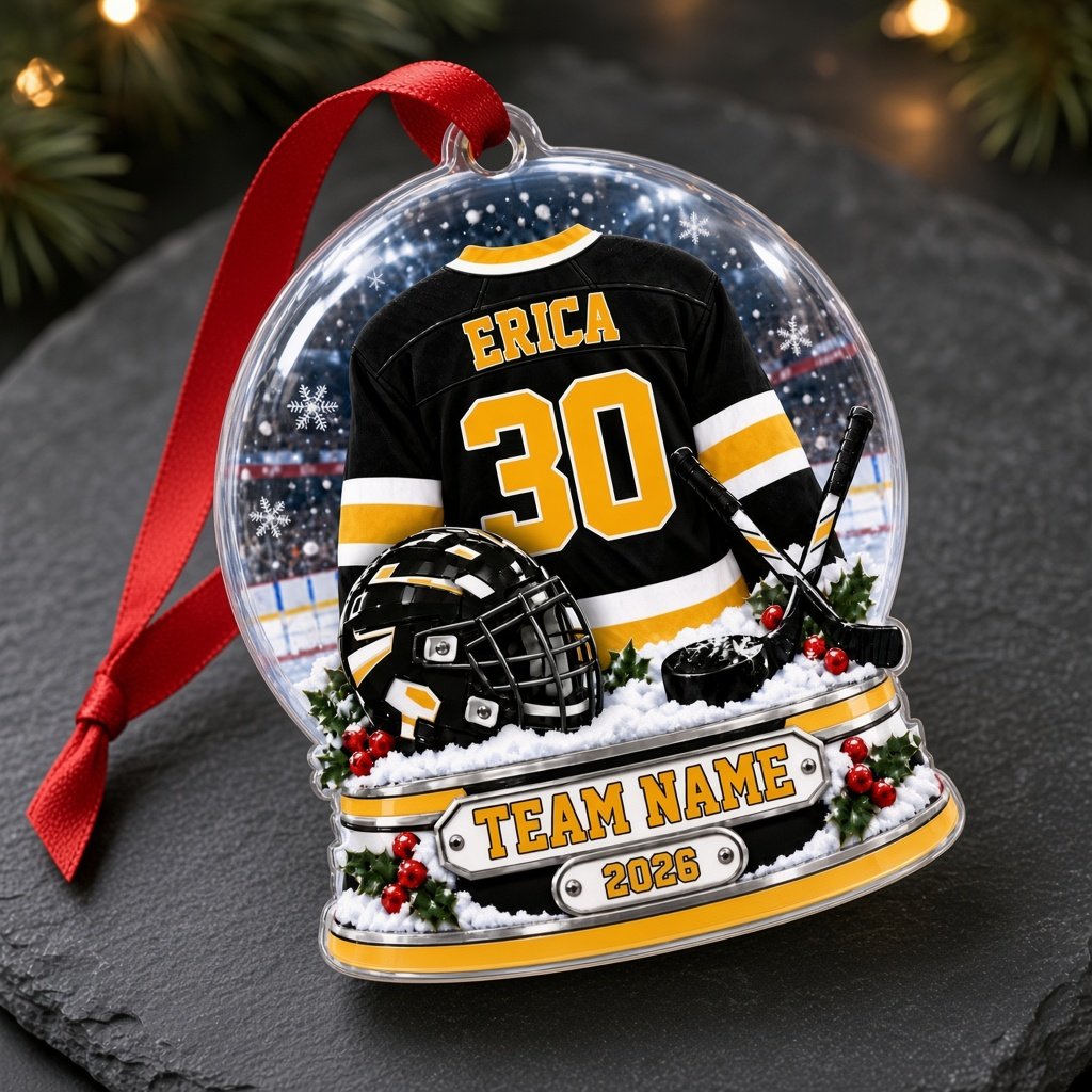 Snow globe acrylic ornament with black and gold hockey jersey, crossed sticks, puck, holly and a year plaque.