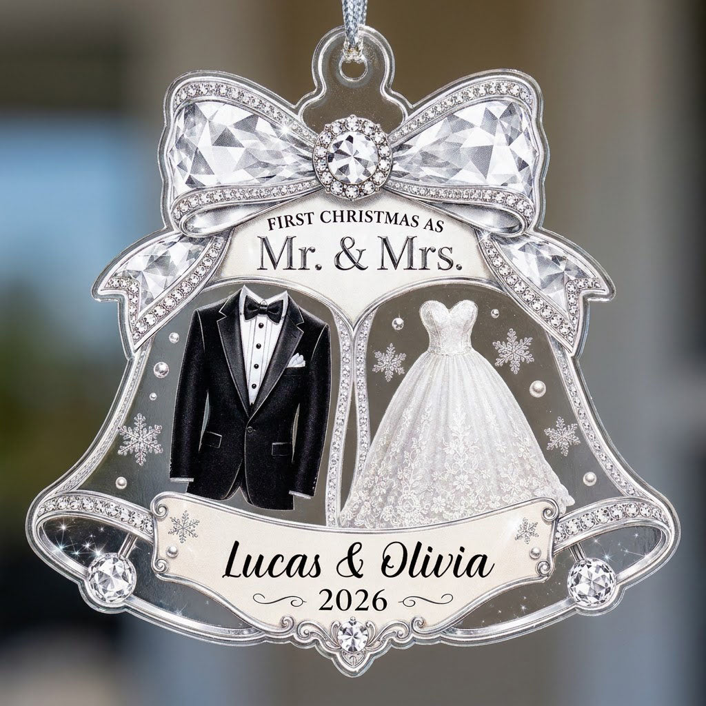 Double bell acrylic ornament with tuxedo, wedding gown, silver bow, and FIRST CHRISTMAS AS Mr. & Mrs. text.