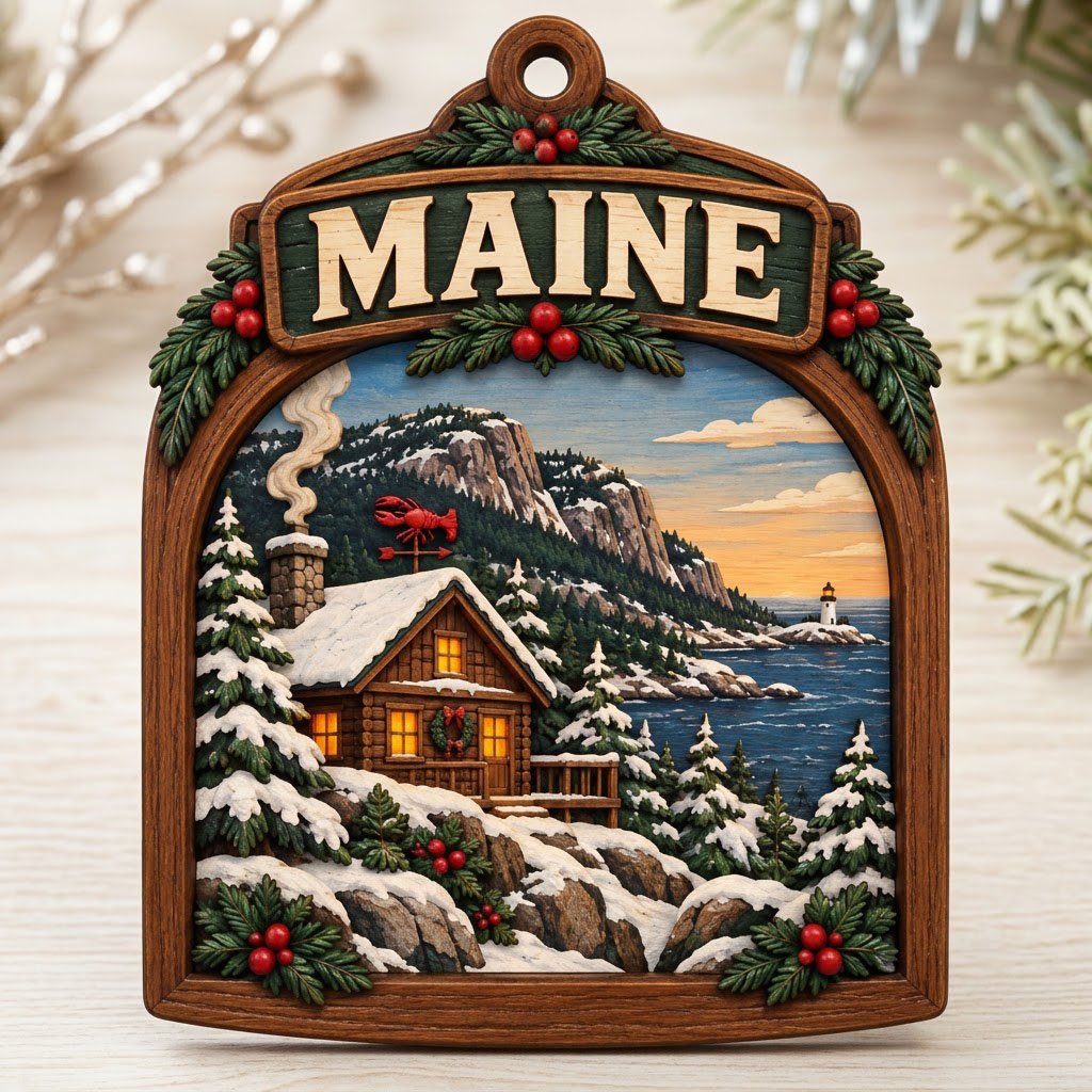Arch-shaped wood ornament with "MAINE", snowy log cabin, pine trees, ocean lighthouse, and holly accents.