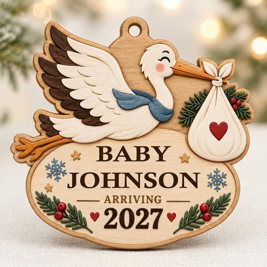 Custom-cut wood ornament of a flying stork with baby bundle above oval plaque reading BABY JOHNSON ARRIVING 2027.