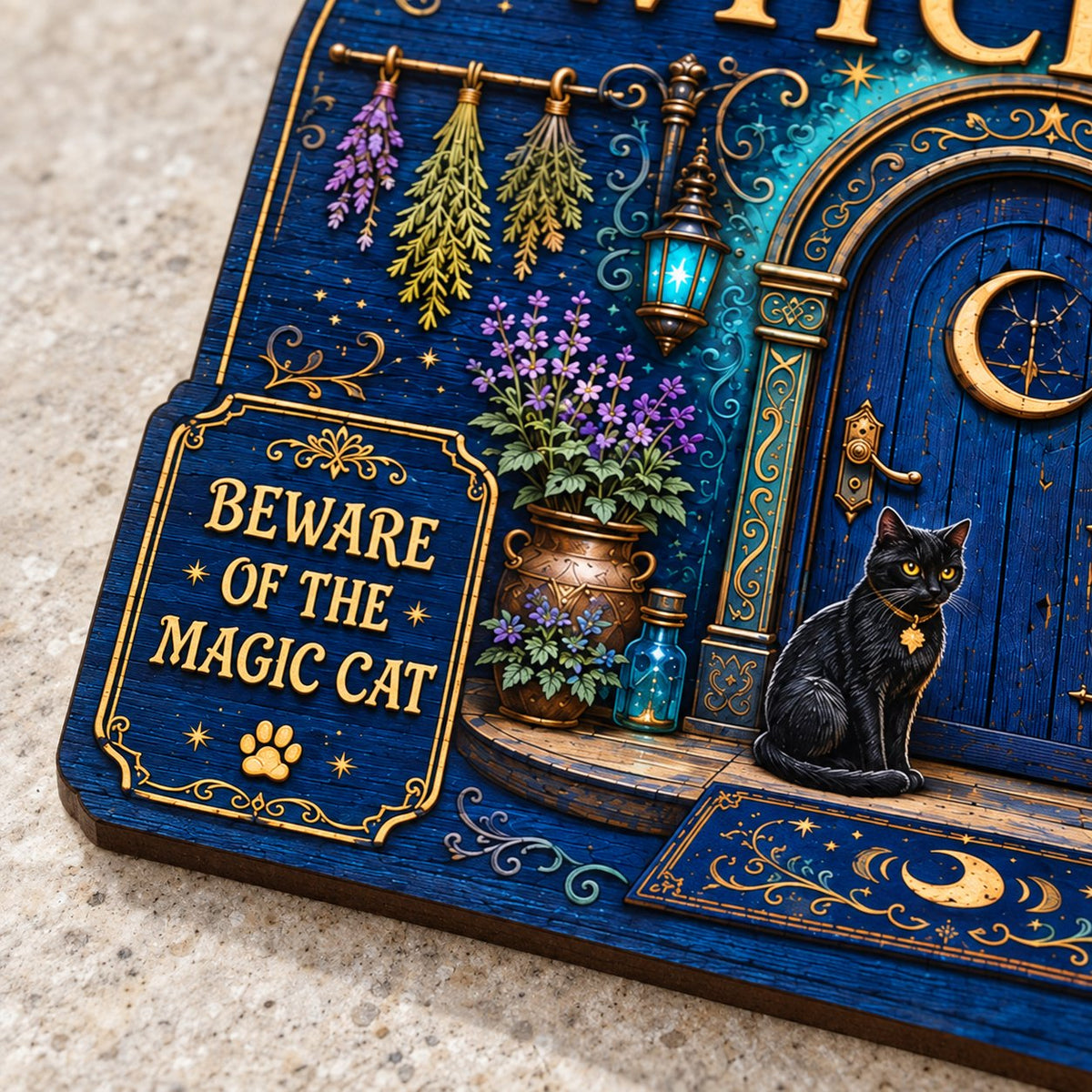 Custom-cut arched blue door wooden sign with black cat, crescent moon, herbs, lantern, bell, lavender and witchy plaques