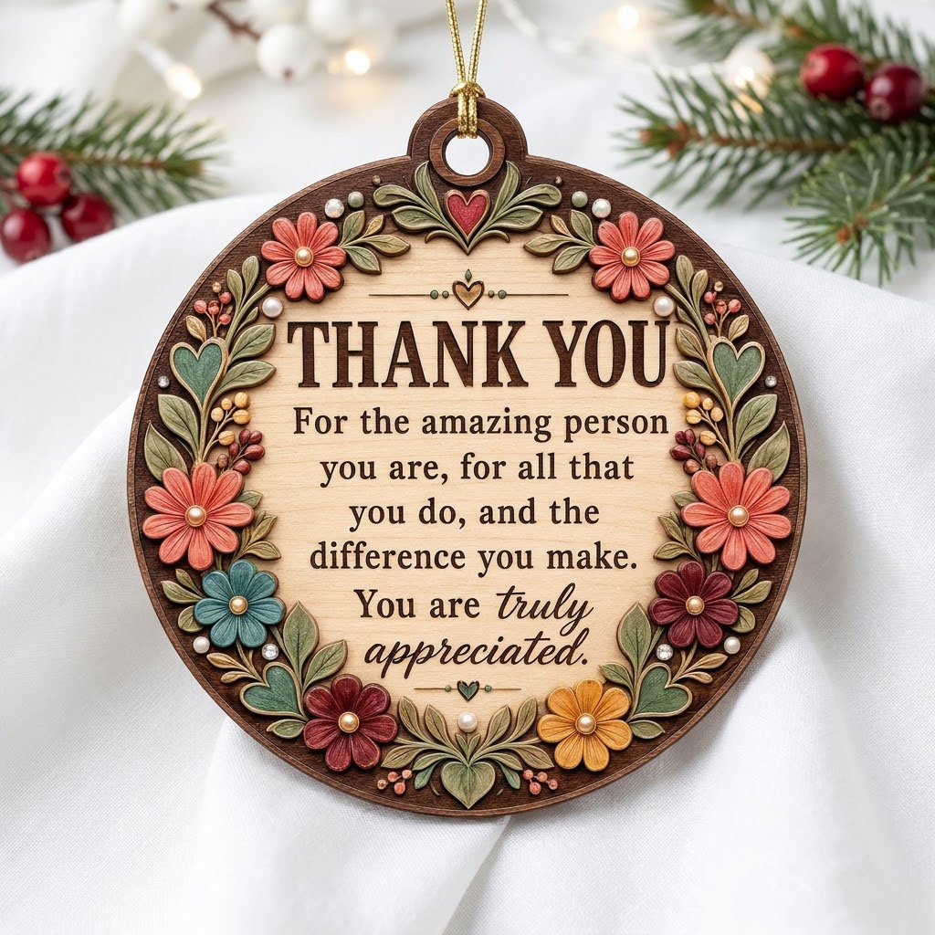 Round wood ornament with carved-look floral border and THANK YOU appreciation message in the center.