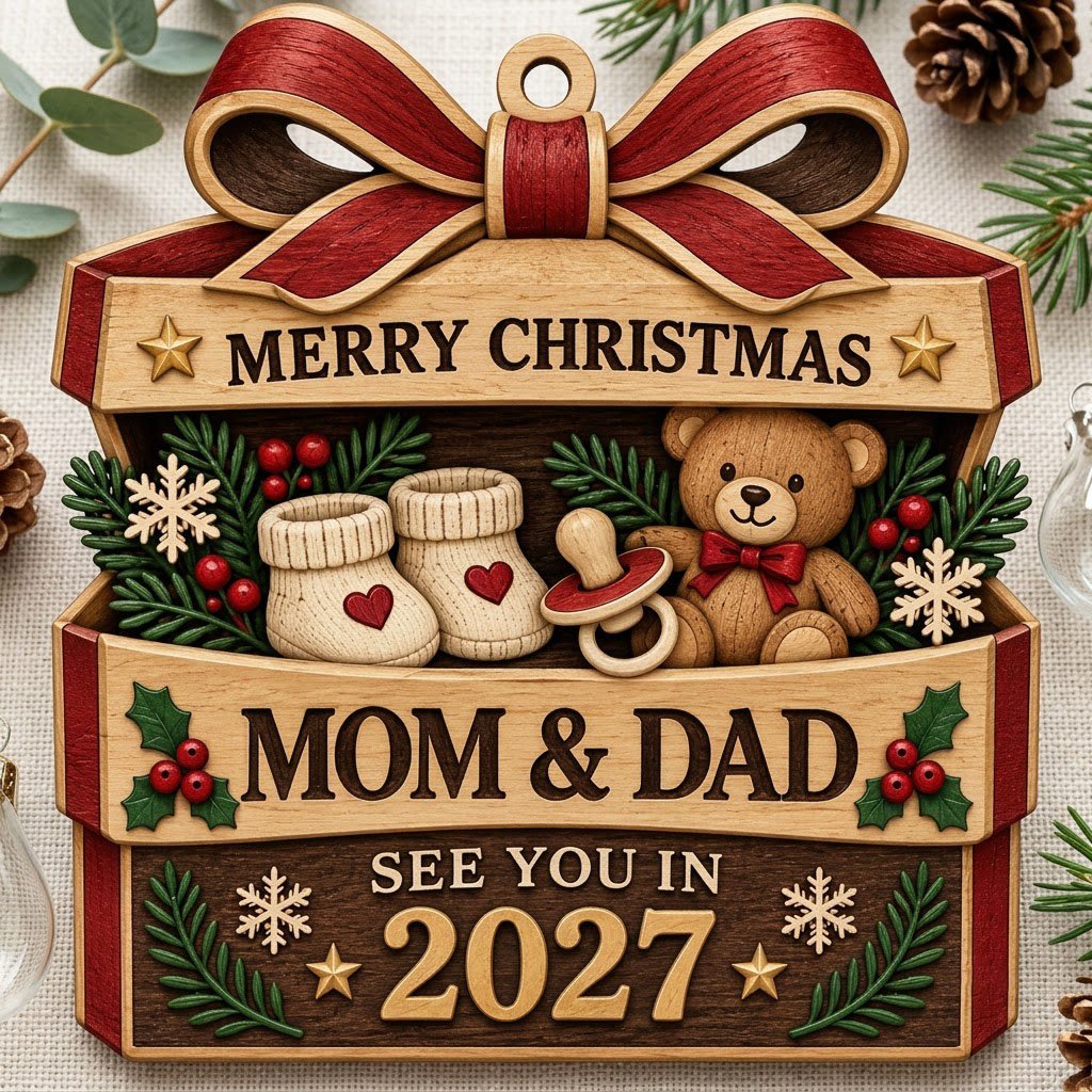 Gift box-shaped wood ornament with red bow, baby booties, teddy bear, and 'Mom & Dad See You In 2027' text.