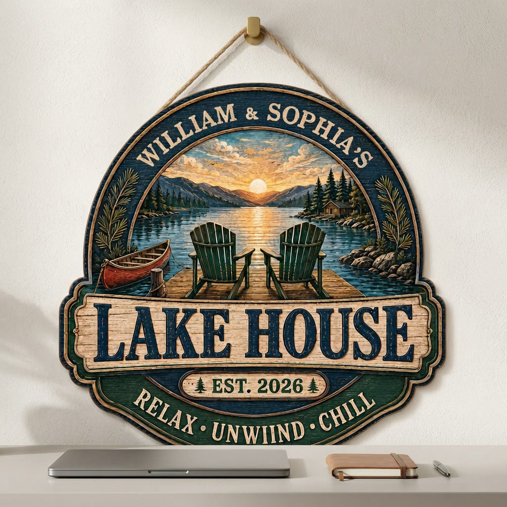 Personalized Lake House Sunset Wooden Hanging Sign