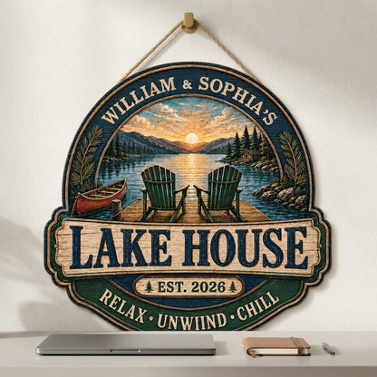 Personalized Lake House Sunset Wooden Hanging Sign