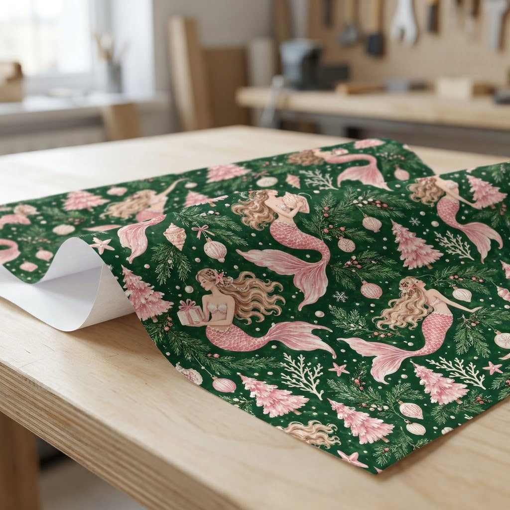Dark green wrapping paper with pink-tailed mermaids, pink Christmas trees, starfish and snowflakes in a seamless pattern