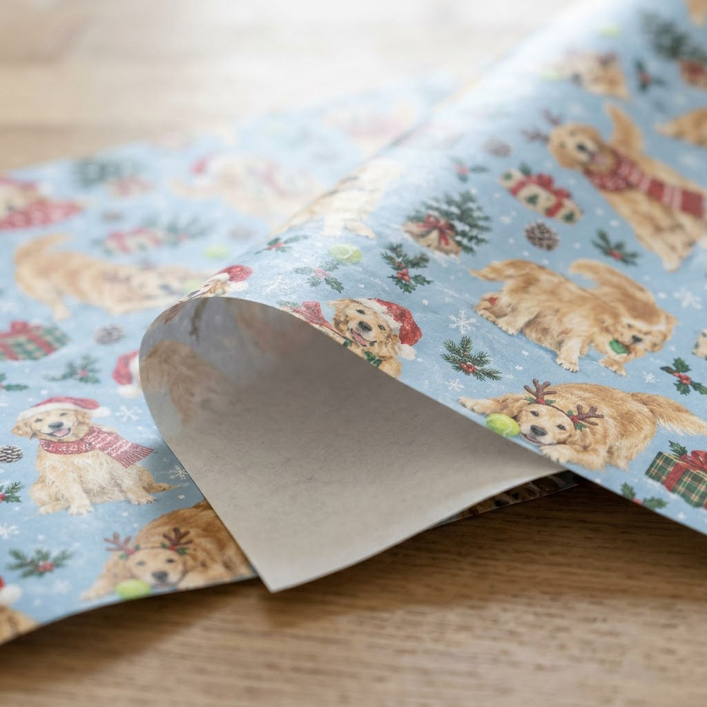 Light blue wrapping paper with Golden Retrievers in festive accessories, Christmas trees, gifts and snowflakes.