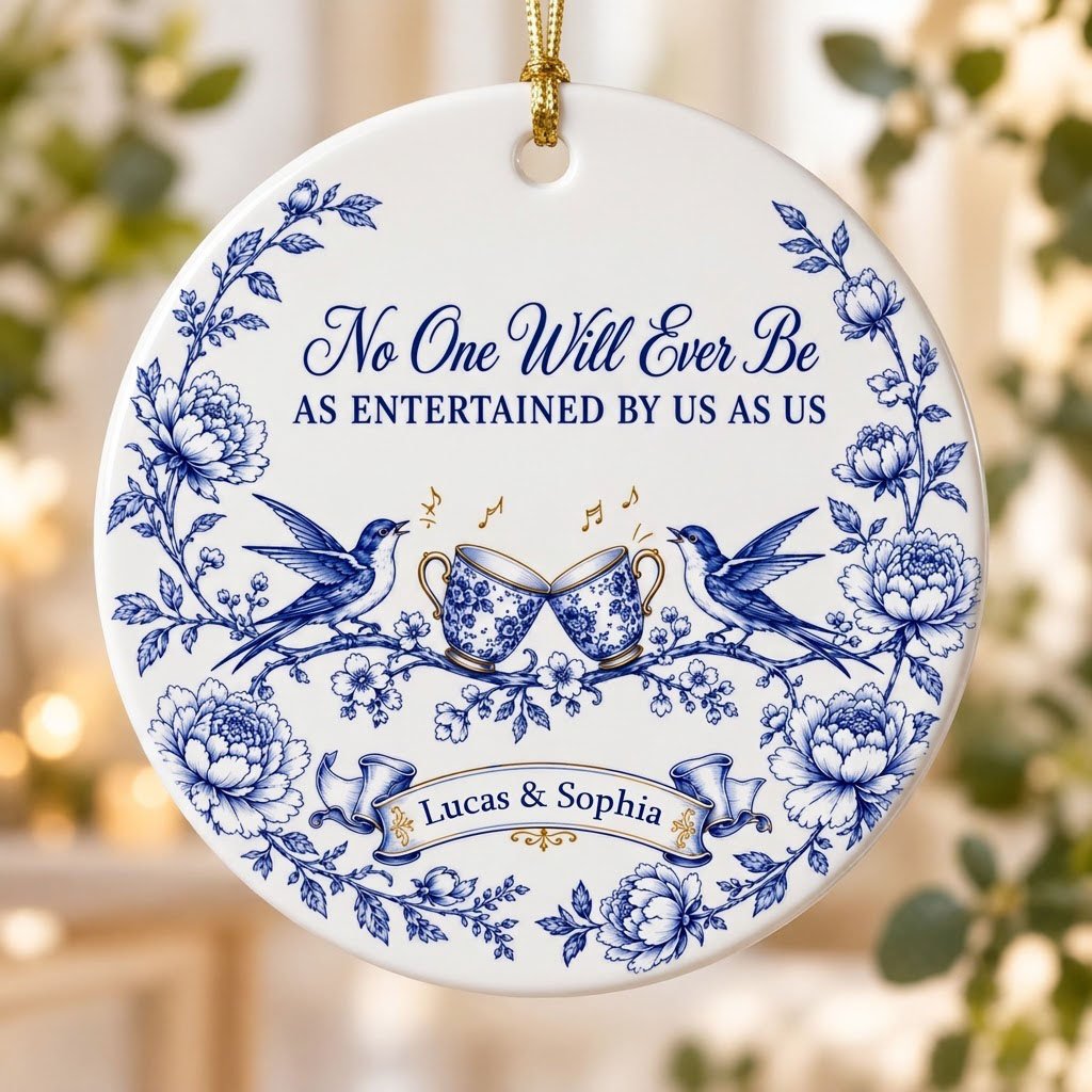 Round ceramic ornament with blue toile border, two birds, clinking floral teacups and gold music notes with two names.