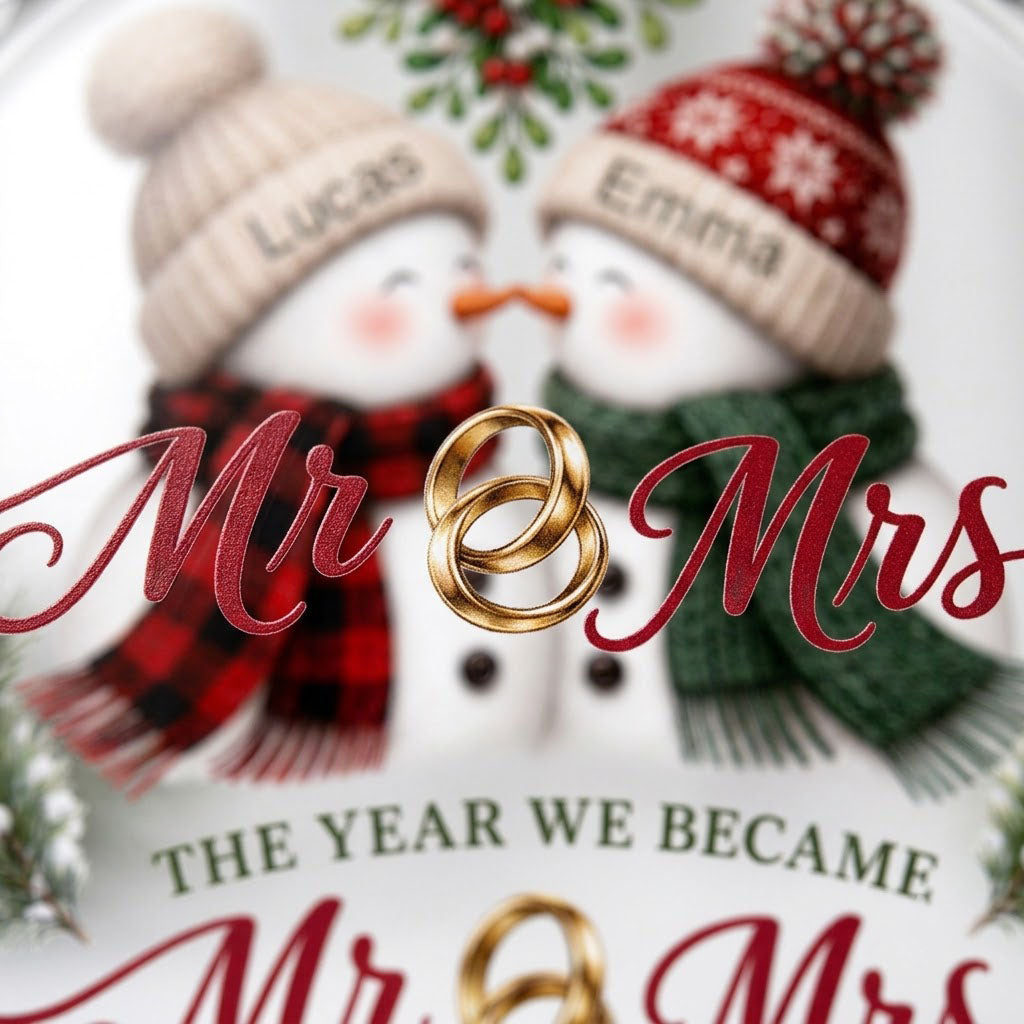 Round faceted glass ornament with two kissing snowmen under mistletoe and gold rings, personalized with names.