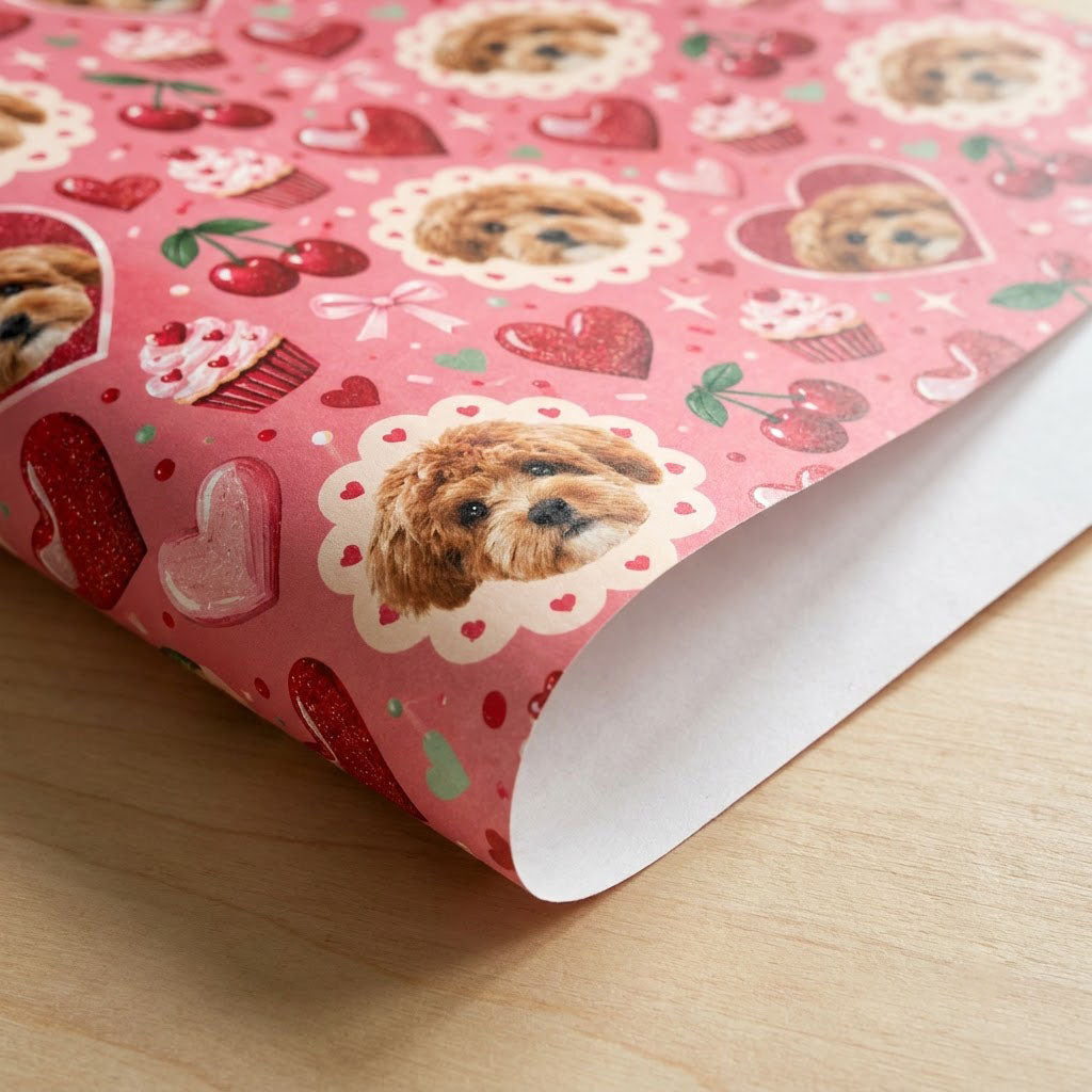 Pink gift wrap with light brown puppy faces, hearts, cherries, cupcakes, bows and sparkles in a repeating pattern