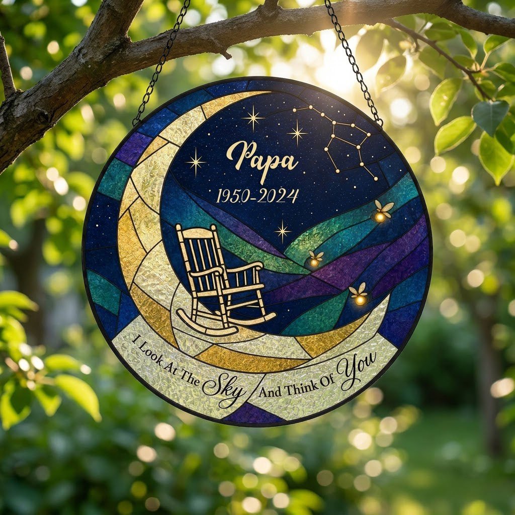 Round stained-glass suncatcher with a crescent moon, rocking chair, fireflies and a memorial banner.