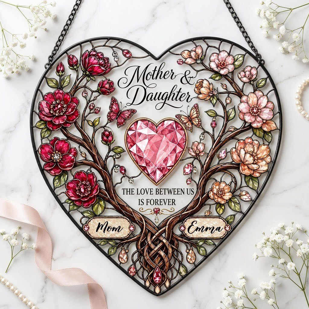 Heart-shaped stained-glass style suncatcher with intertwined trees, red and pink flowers, butterflies, and a pink gem he