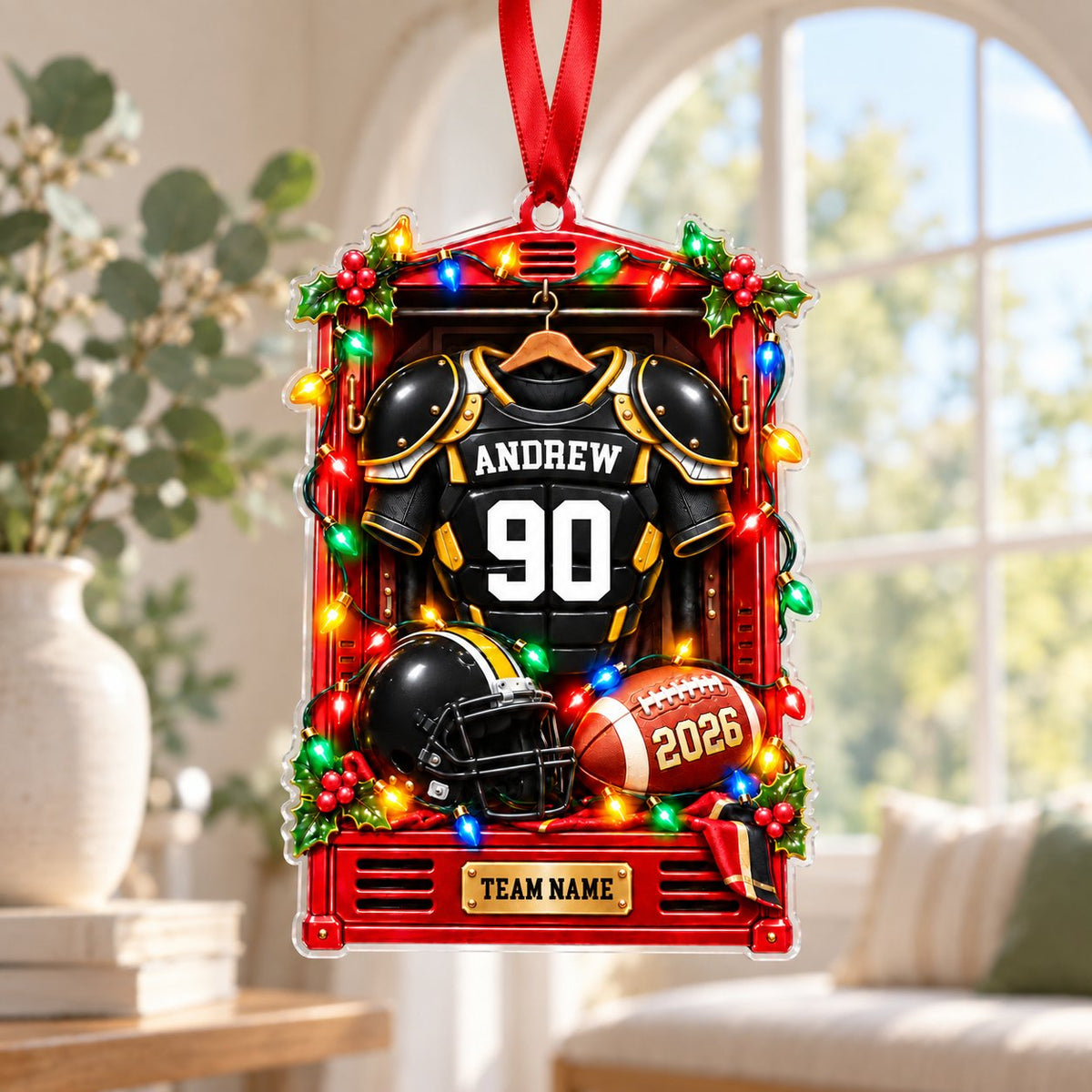 Acrylic ornament of a football locker with black-gold jersey, helmet and lights, personalized with name, number, year an