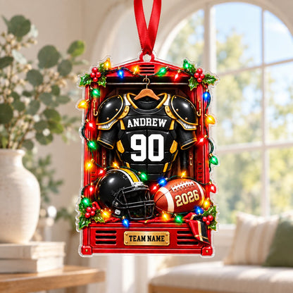 Acrylic ornament of a football locker with black-gold jersey, helmet and lights, personalized with name, number, year an